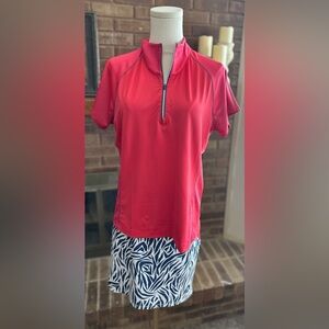 Annika Cutter & Buck Golf Set: Pink 1/4 Zip Top & Abstract Print Skort - Size L